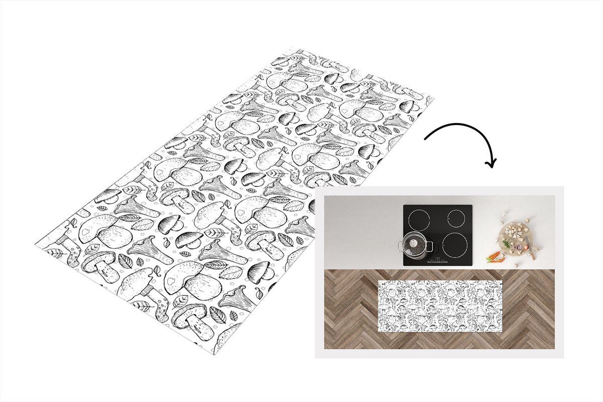 KitchenYeah Keukenloper - Loper keuken - Paddenstoel - Zwart Wit - Patronen - 120x50 cm - Keukenloper vinyl