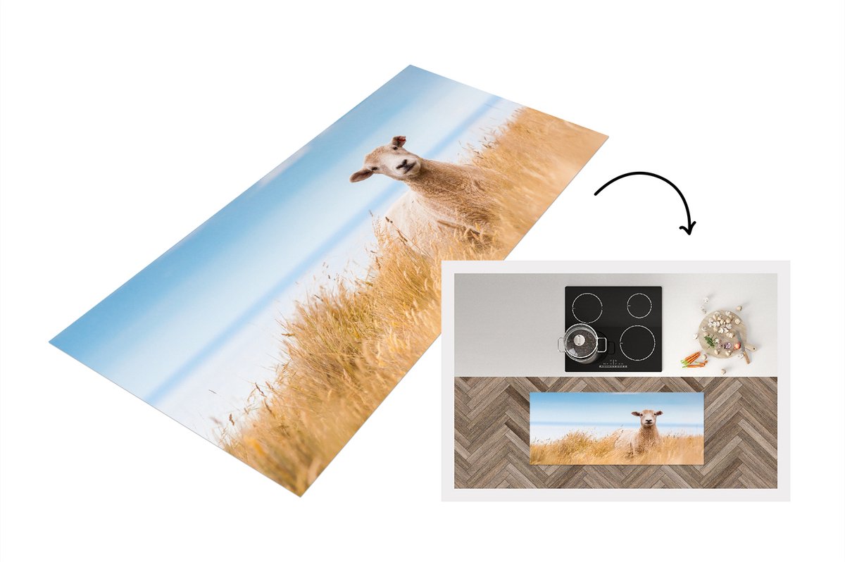KitchenYeah Keukenloper - Loper keuken - Schaap - Gras - Zee - 120x50 cm - Keukenloper vinyl Multicolor