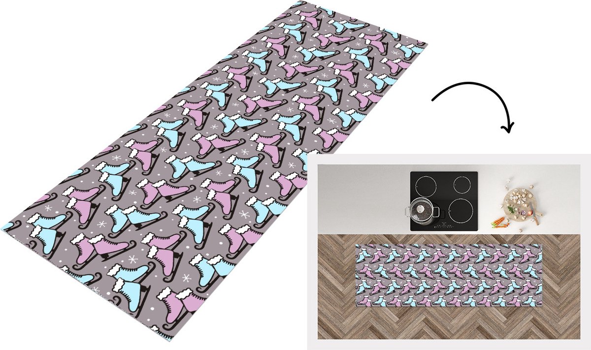 KitchenYeah Keukenloper - Loper keuken - Schaatsen - Patroon - Winter - 180x60 cm - Keukenloper vinyl Multicolor