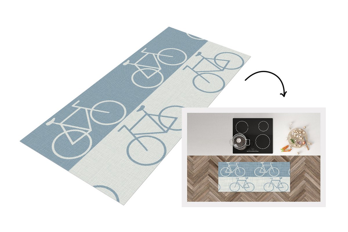KitchenYeah Keukenloper - Loper keuken - Fiets - Blauw - Patroon - Keukenloper vinyl Multicolor