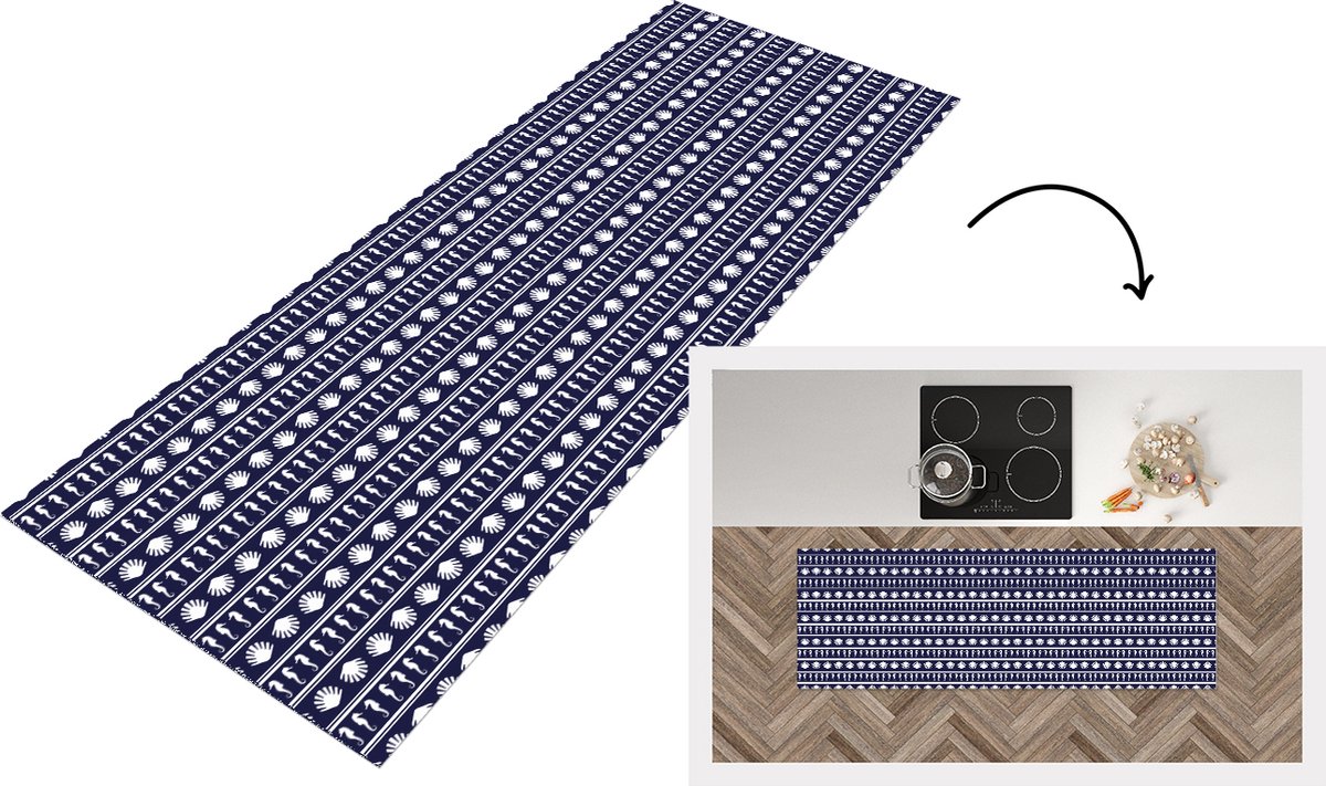KitchenYeah Keukenloper - Loper keuken - Patronen - Zee - Schelpen - Zeepaardje - 150x50 cm - Keukenloper vinyl Multicolor