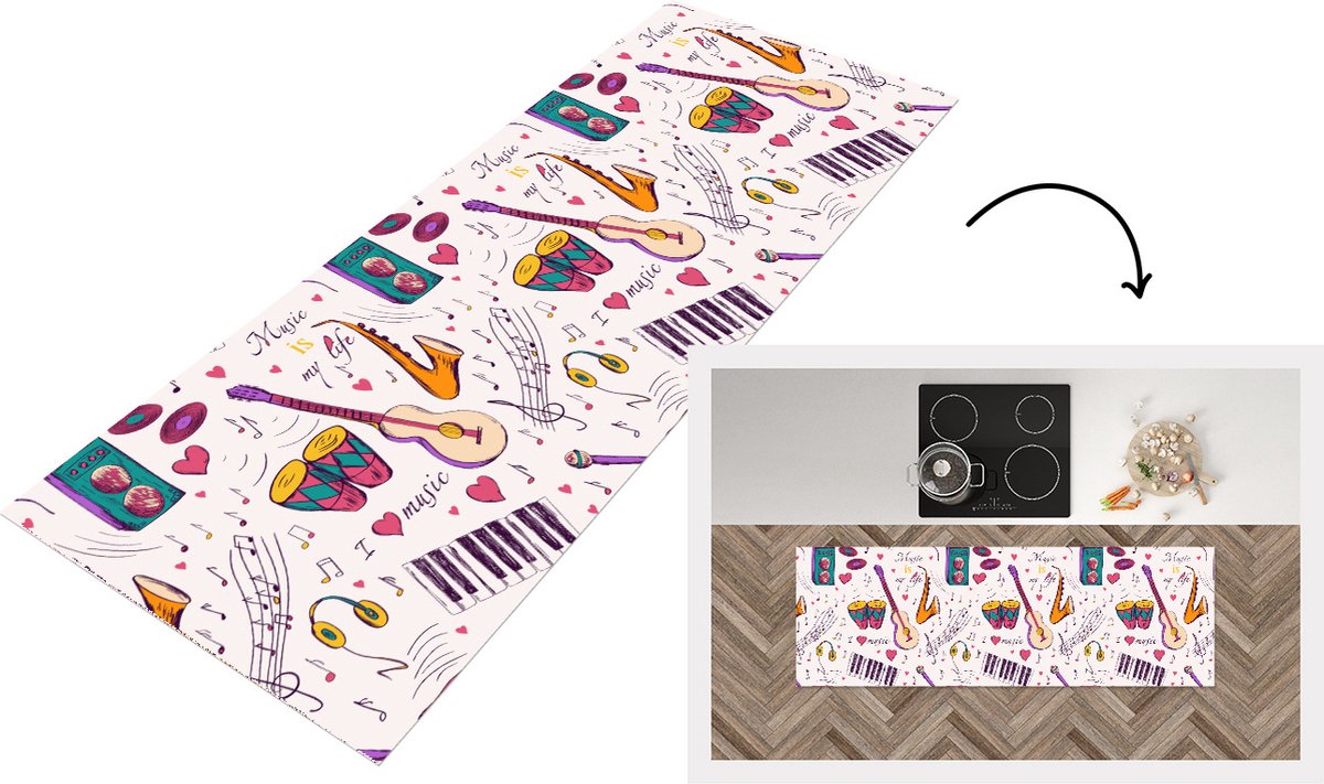 KitchenYeah Keukenloper - Loper keuken - Muziek - Instrumenten - Quotes - 180x60 cm - Keukenloper vinyl Multicolor