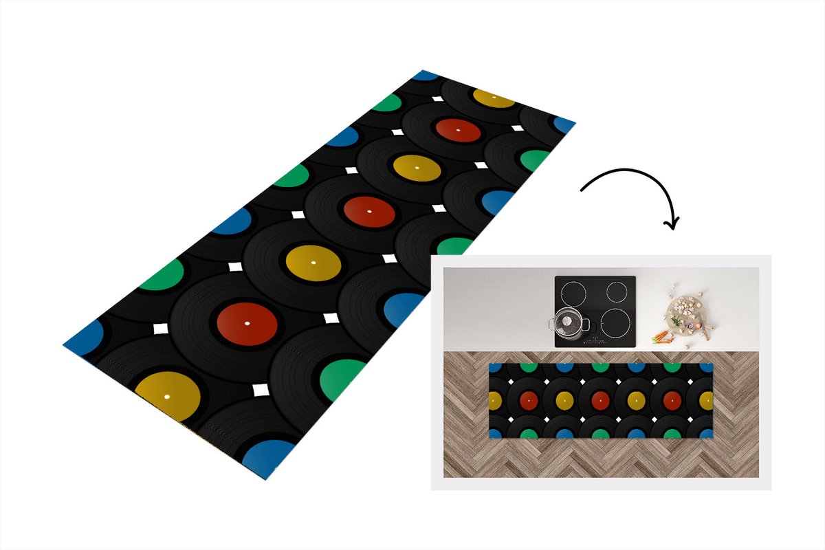 KitchenYeah Keukenloper - Loper keuken - Platen - Muziek - Patronen - 150x50 cm - Keukenloper vinyl Multicolor