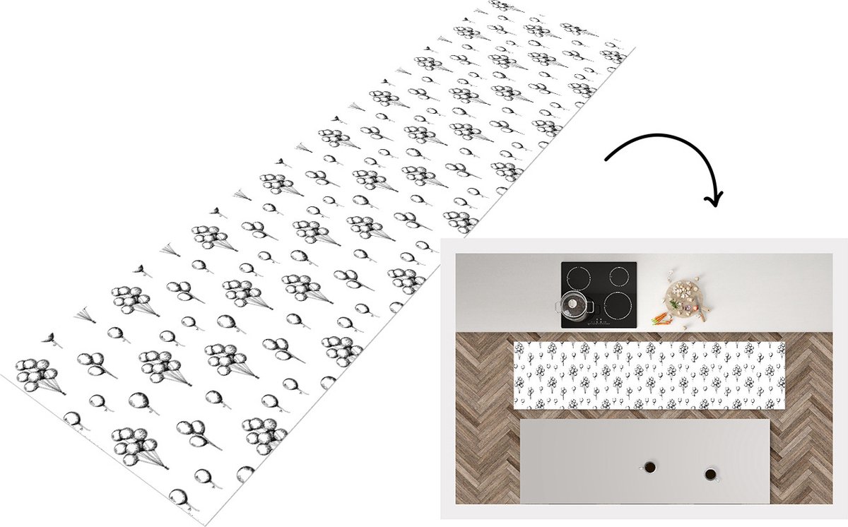 KitchenYeah Keukenloper - Loper keuken - Ballon - Patronen - Zwart Wit - 240x60 cm - Keukenloper vinyl Zwart; Wit