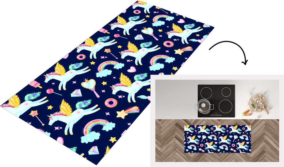 KitchenYeah Keukenloper - Loper keuken - Eenhoorn - Regenboog - Diamant - Patronen - 120x50 cm - Keukenloper vinyl Multicolor