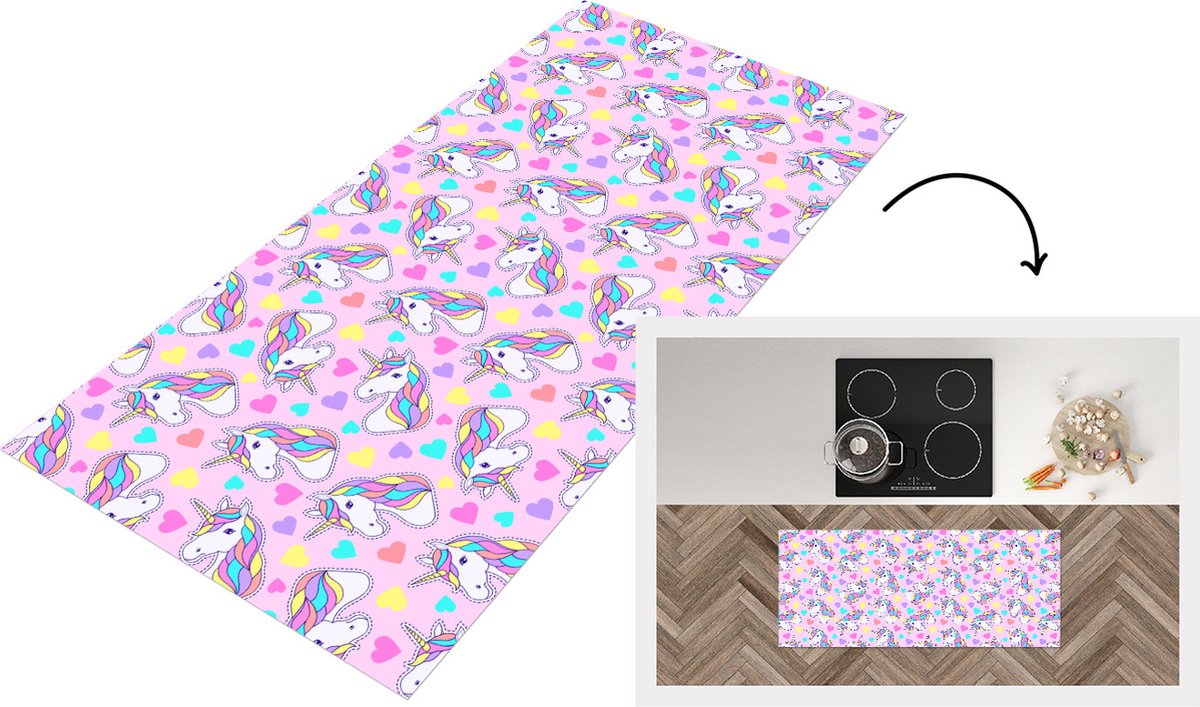 KitchenYeah Keukenloper - Loper keuken - Eenhoorn - Regenboog - Patronen - 120x50 cm - Keukenloper vinyl Multicolor