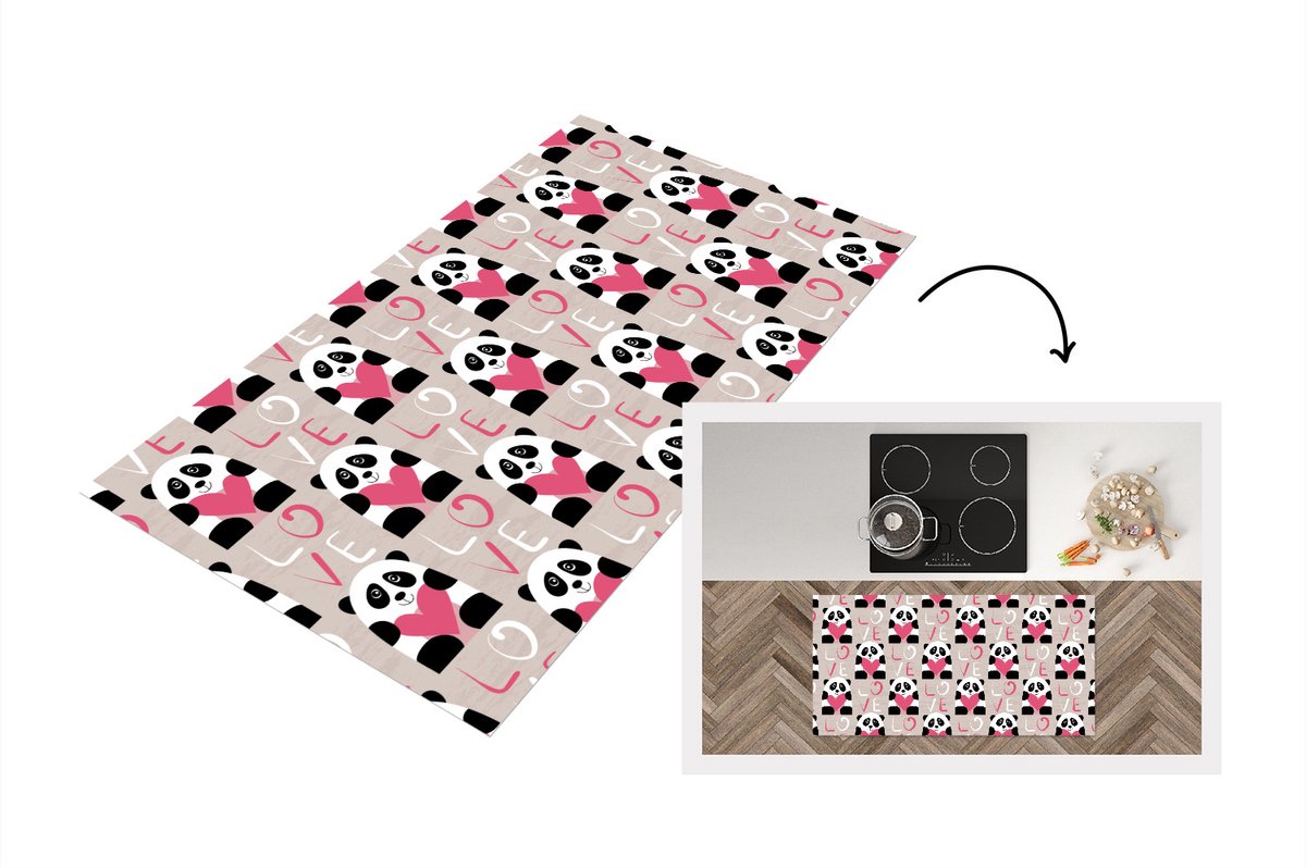 KitchenYeah Keukenloper - Loper keuken - Hartjes - Panda - Patronen - 120x60 cm - Keukenloper vinyl Multicolor