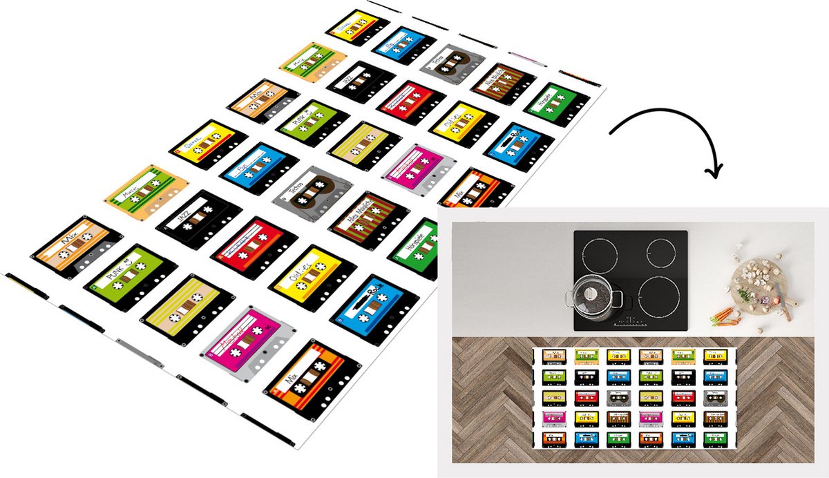 KitchenYeah Keukenloper - Loper keuken - Patronen - Cassettebandjes - Muziek - 120x60 cm - Keukenloper vinyl Multicolor
