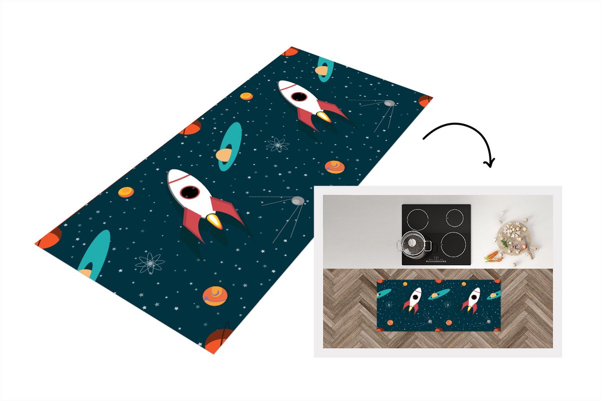 KitchenYeah Keukenloper - Loper keuken - Raket - Ruimte - Kinderen - Design - 120x50 cm - Keukenloper vinyl Multicolor