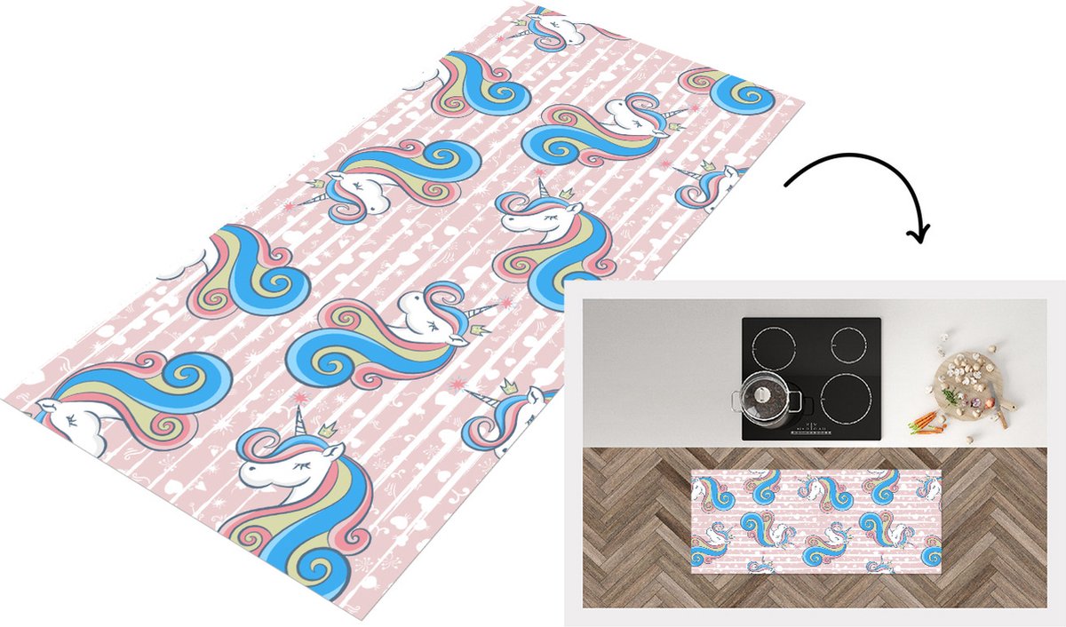 KitchenYeah Keukenloper - Loper keuken - Unicorn - Patronen - Roze - 120x50 cm - Keukenloper vinyl Multicolor
