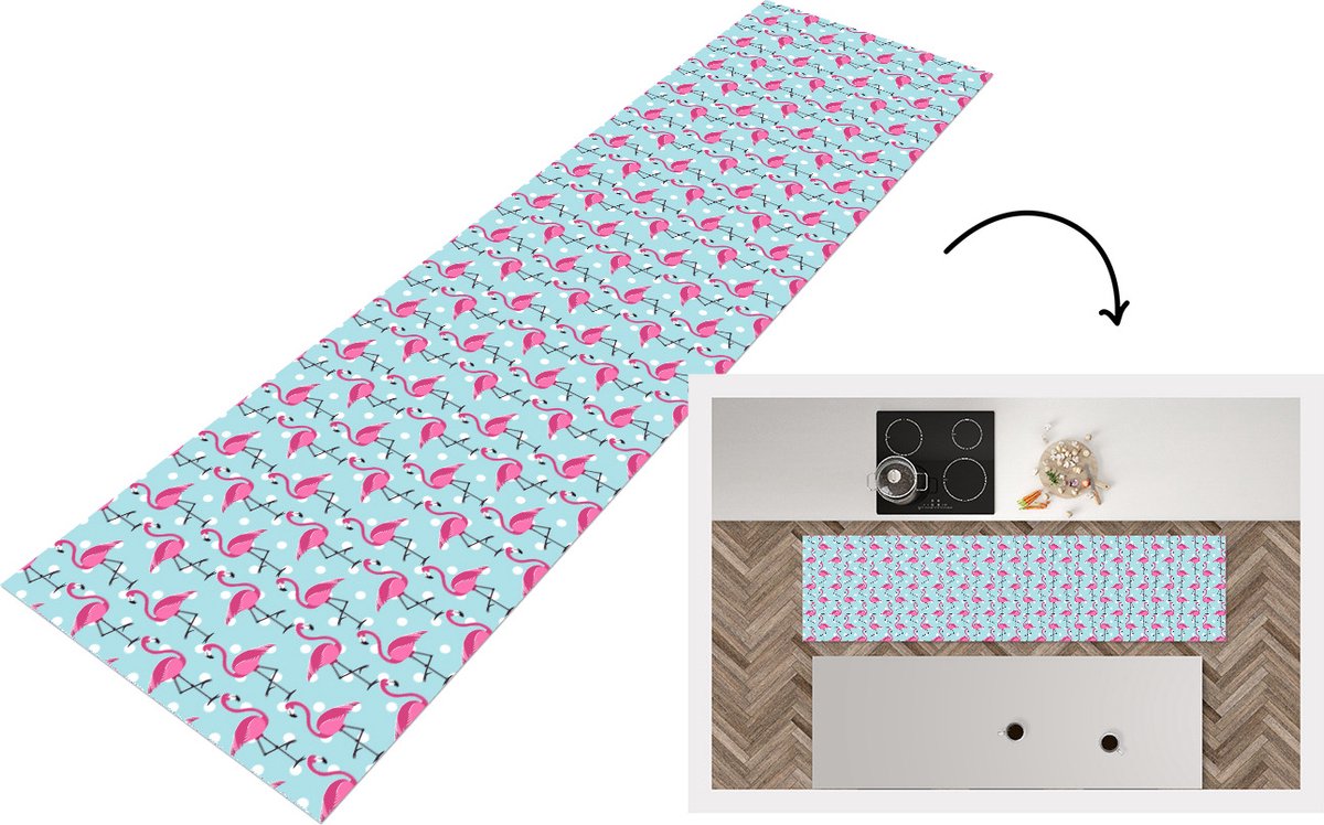 KitchenYeah Keukenloper - Loper keuken - Flamingo - Stippen - Dieren - Patroon - 200x50 cm - Keukenloper vinyl Multicolor