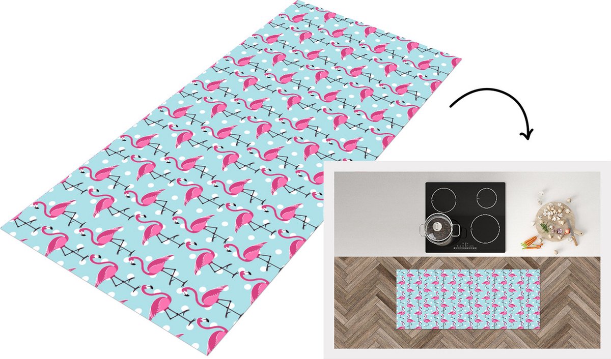 KitchenYeah Keukenloper - Loper keuken - Flamingo - Stippen - Dieren - Patroon - 120x50 cm - Keukenloper vinyl Multicolor