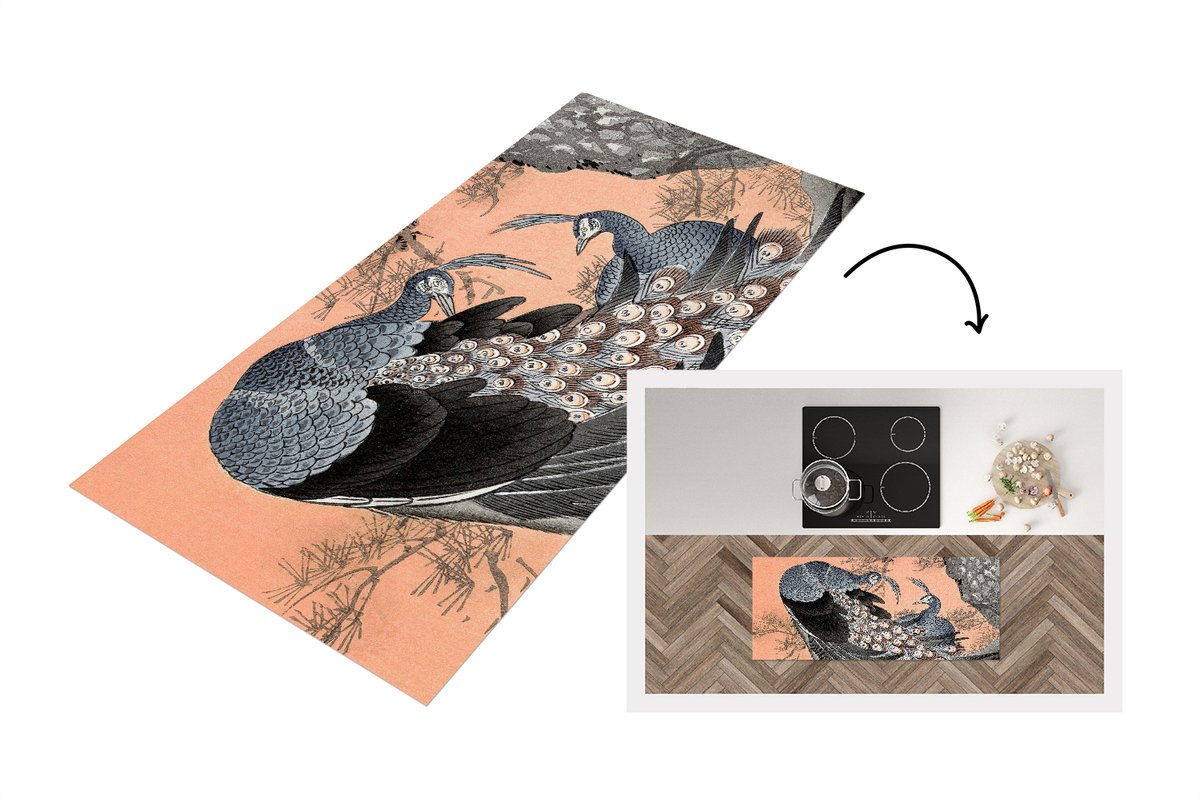 KitchenYeah Keukenloper - Loper keuken - Pauwenveren - Vintage - Japans - Pauw - 120x50 cm - Keukenloper vinyl Multicolor