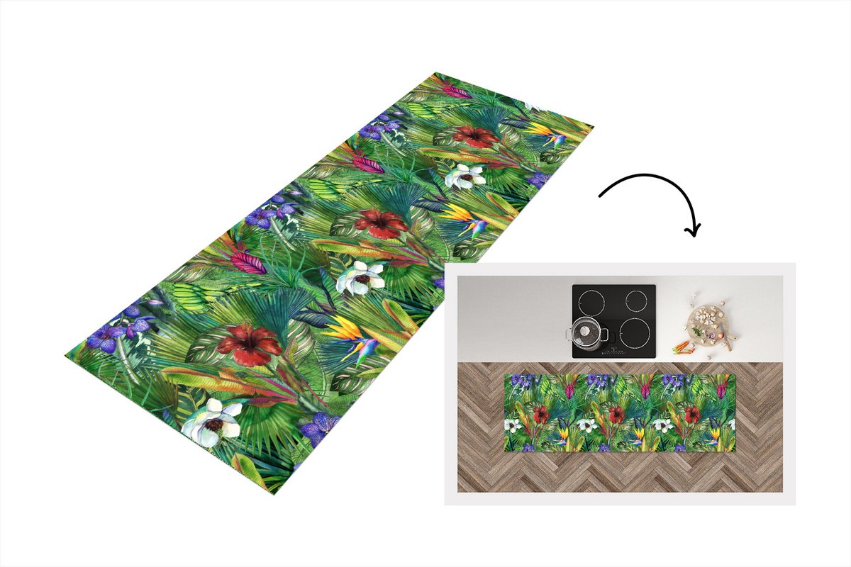 KitchenYeah Keukenloper - Loper keuken - Regenboog - Flora - Jungle - Patronen - 150x50 cm - Keukenloper vinyl Multicolor