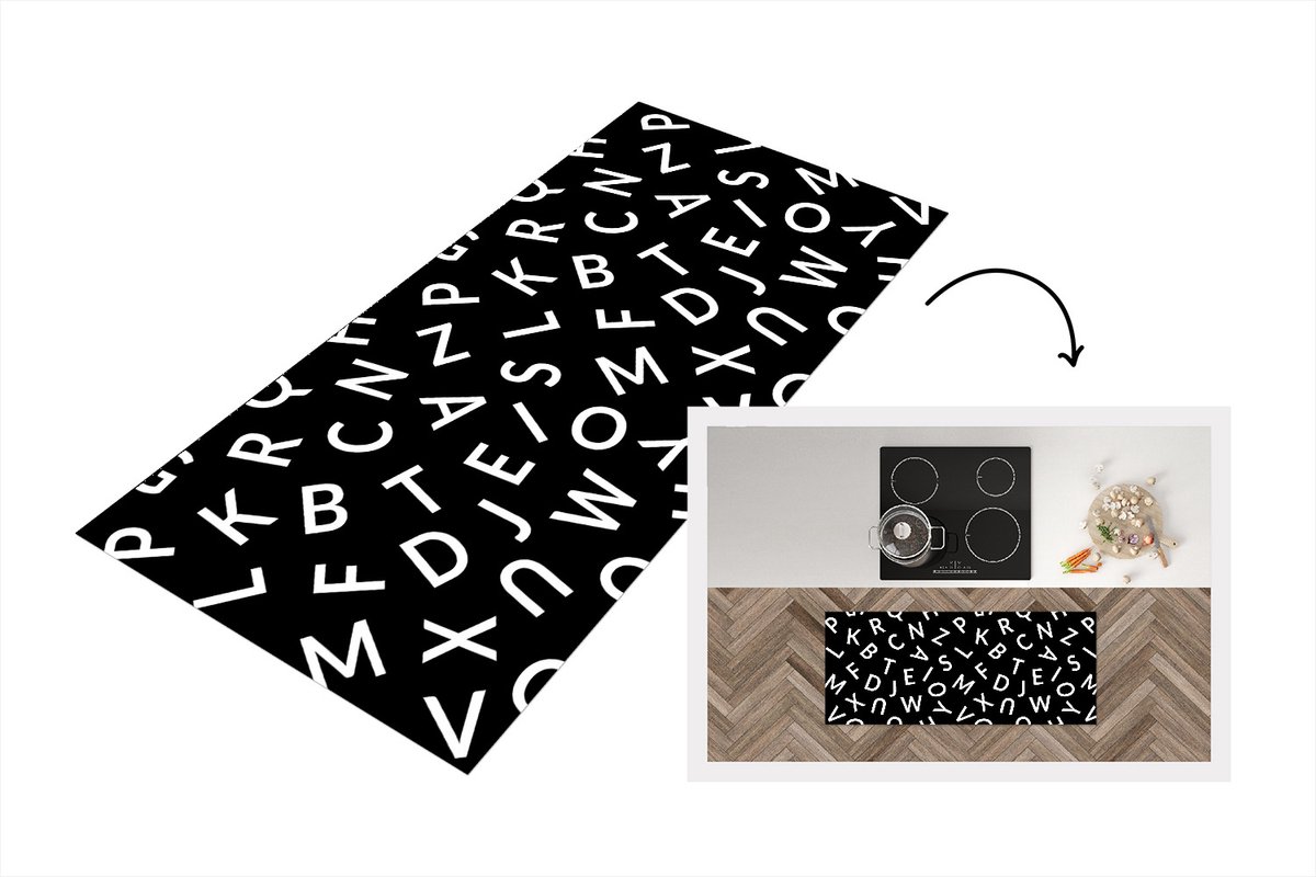 KitchenYeah Keukenloper - Loper keuken - Letters - Patronen - Zwart - Wit - 120x50 cm - Keukenloper vinyl Multicolor