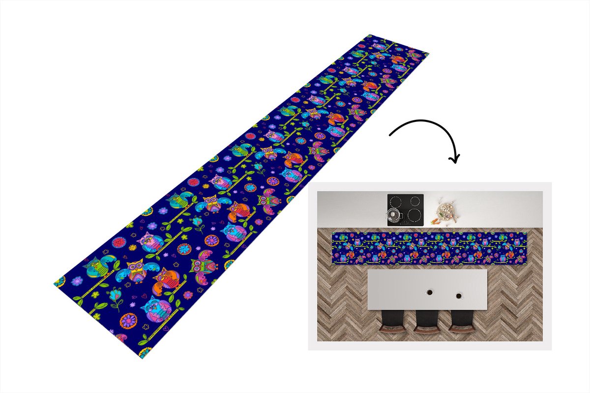 KitchenYeah Keukenloper - Loper keuken - Patroon - Uil - Takken - 300x50 cm - Keukenloper vinyl Multicolor