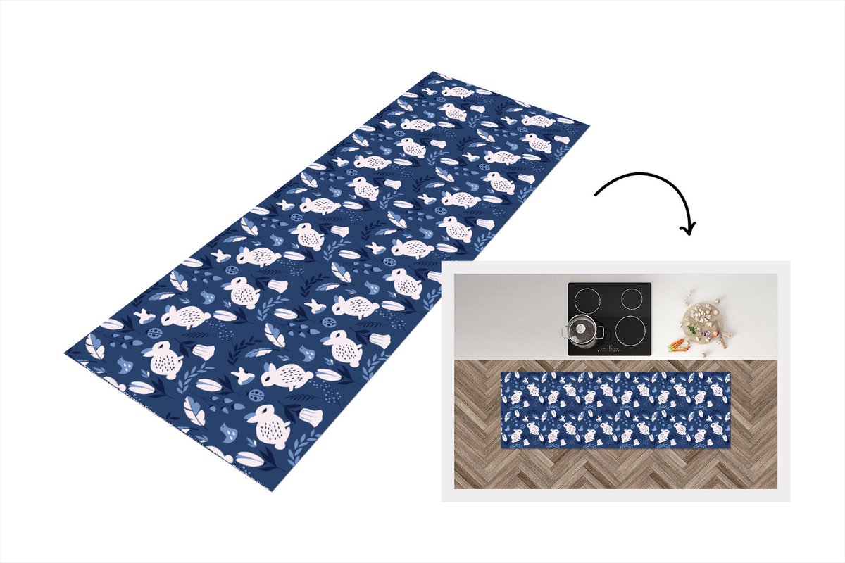 KitchenYeah Keukenloper - Loper keuken - Konijnen - Scandinavië - Patronen - 150x50 cm - Keukenloper vinyl Multicolor