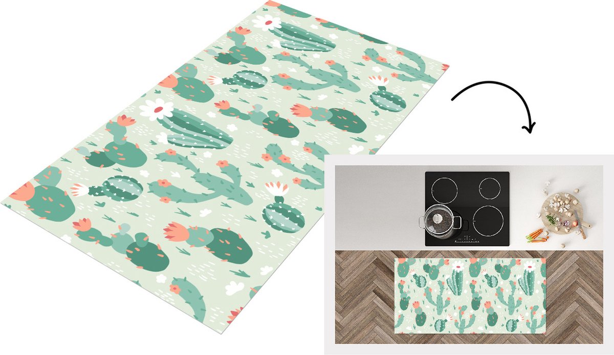 KitchenYeah Keukenloper - Loper keuken - Cactus - Patronen - Bloem - 120x60 cm - Keukenloper vinyl Multicolor