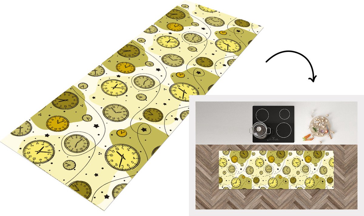 KitchenYeah Keukenloper - Loper keuken - Retro - Klok - Patronen - Stippen - 180x60 cm - Keukenloper vinyl Multicolor