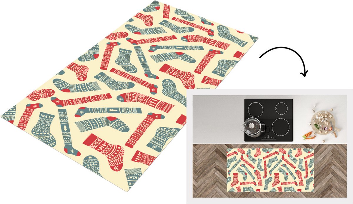 KitchenYeah Keukenloper - Loper keuken - Kerst - Sokken - Patronen - 120x60 cm - Keukenloper vinyl Multicolor