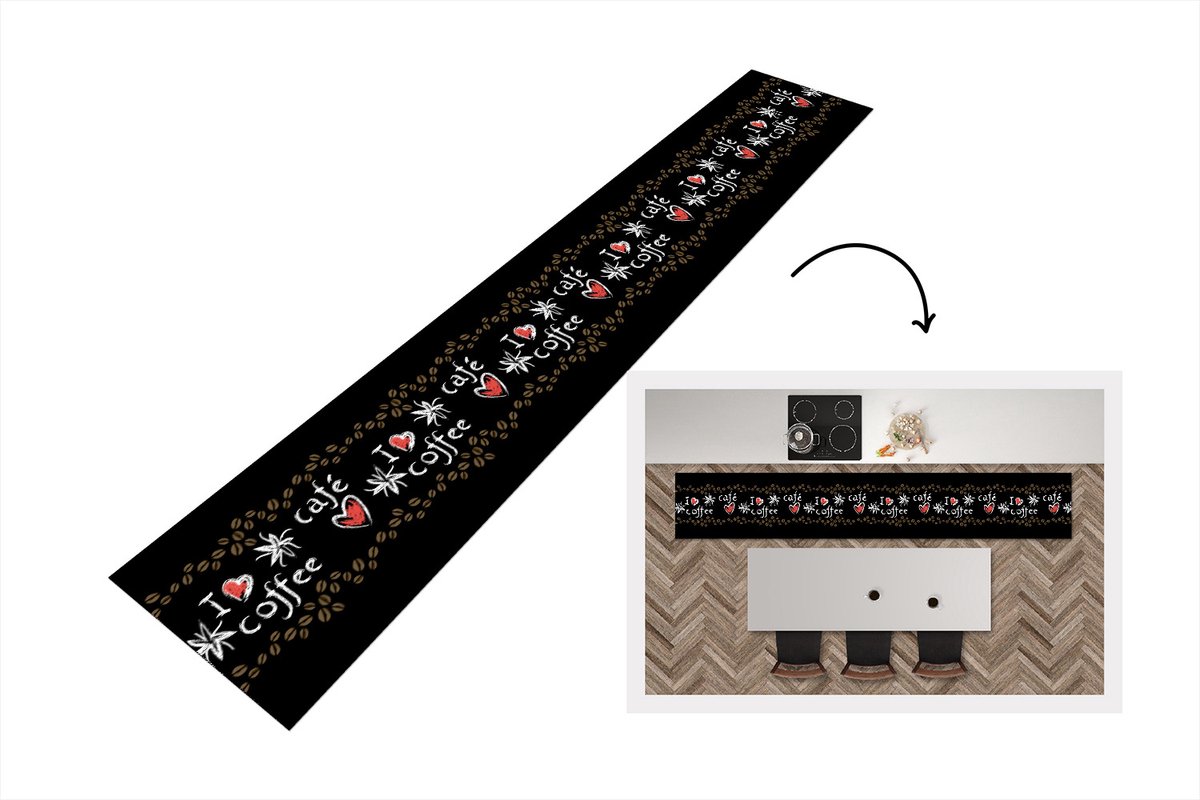 KitchenYeah Keukenloper - Loper keuken - Koffie - Patronen - Love - 300x50 cm - Keukenloper vinyl Multicolor