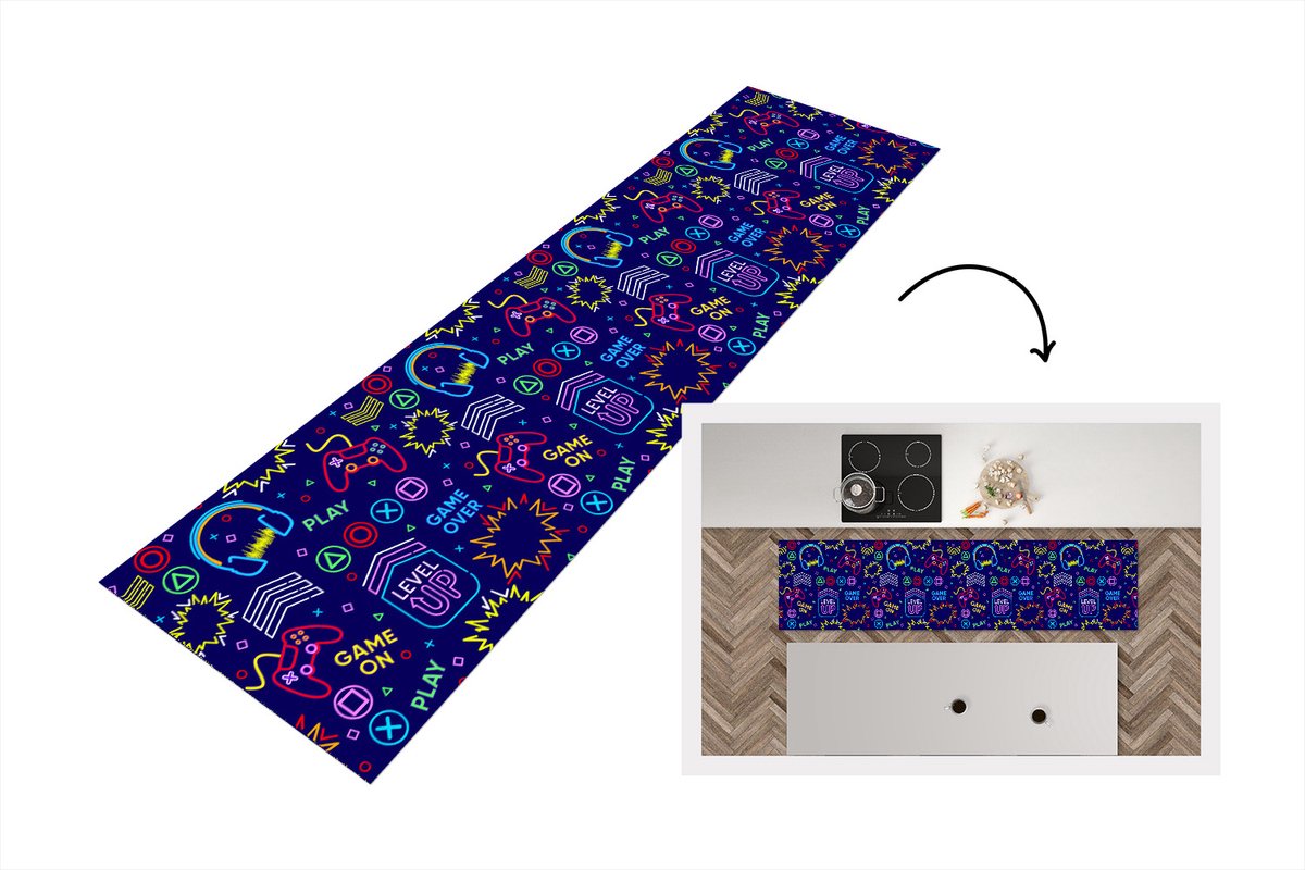 KitchenYeah Keukenloper - Loper keuken - Gaming - Neon - Koptelefoon - Design - 200x50 cm - Keukenloper vinyl Multicolor
