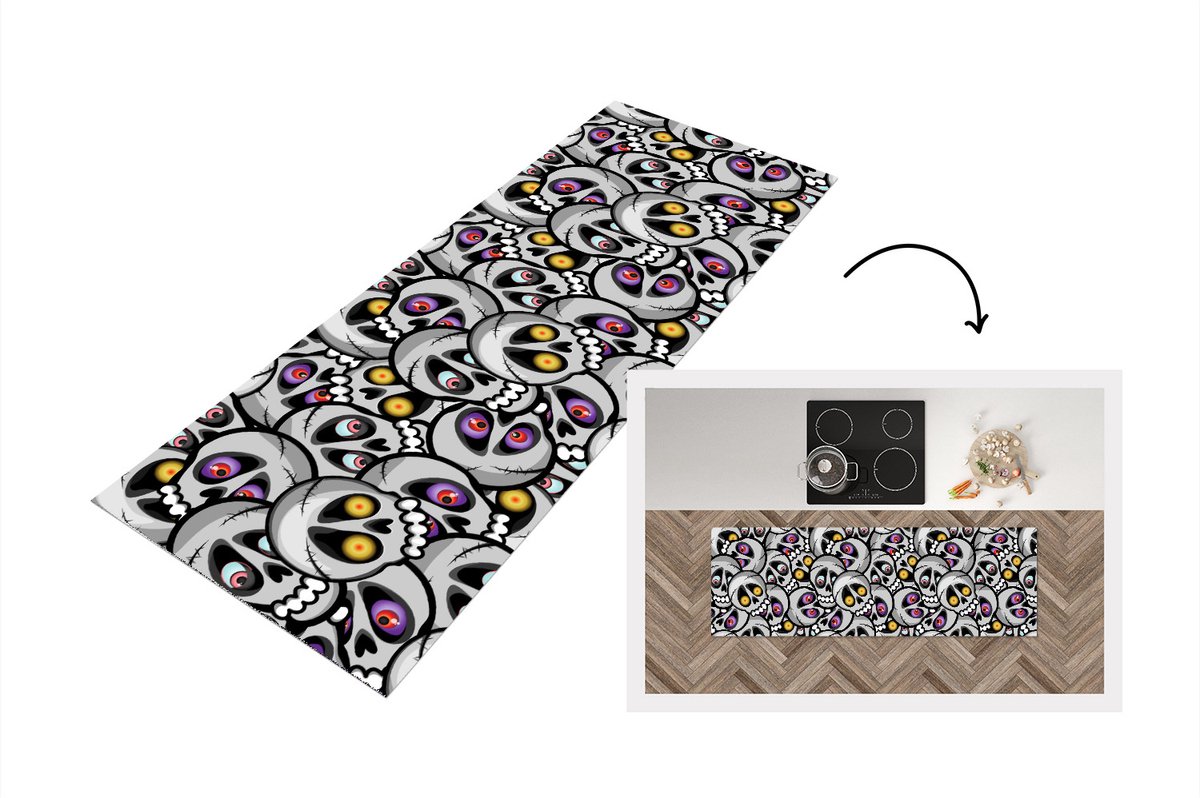 KitchenYeah Keukenloper - Loper keuken - Schedel - Patroon - Ogen - 180x60 cm - Keukenloper vinyl Multicolor