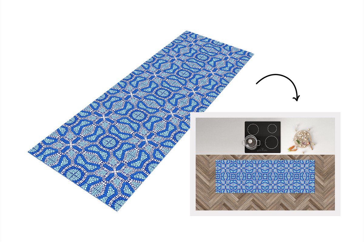 KitchenYeah Keukenloper - Loper keuken - Mozaïek - Blauw - Design - 150x50 cm - Keukenloper vinyl Multicolor