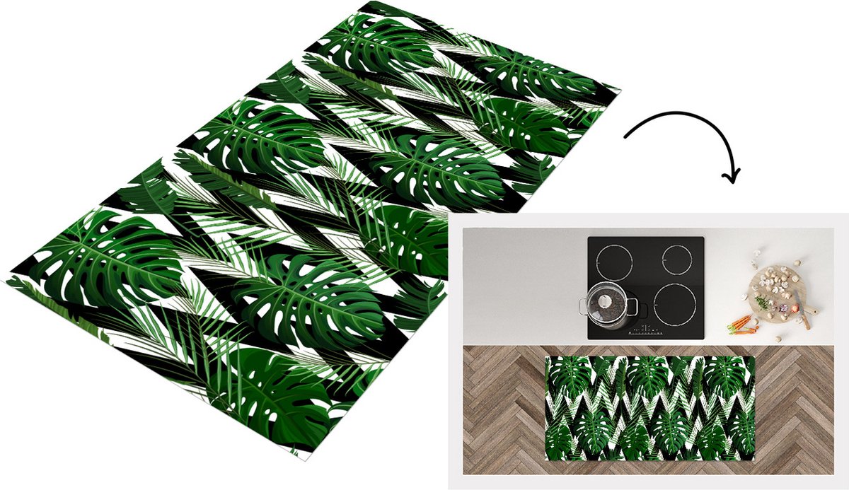 KitchenYeah Keukenloper - Loper keuken - Monstera - Zwart Wit - Patronen - 120x60 cm - Keukenloper vinyl Zwart; Wit