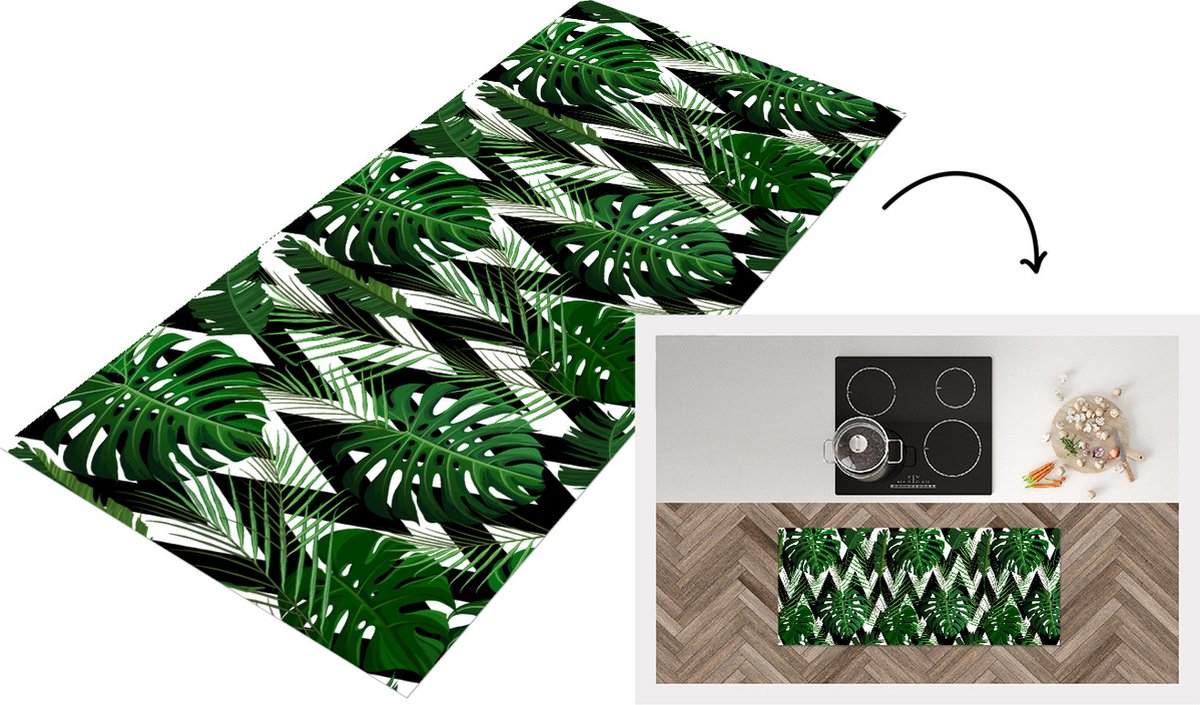 KitchenYeah Keukenloper - Loper keuken - Monstera - Zwart Wit - Patronen - 120x50 cm - Keukenloper vinyl Zwart; Wit