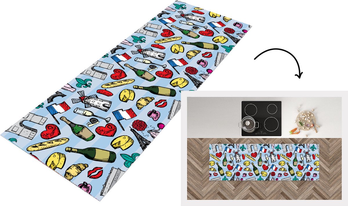 KitchenYeah Keukenloper - Loper keuken - Parijs - Patronen - Frankrijk - 150x50 cm - Keukenloper vinyl Multicolor