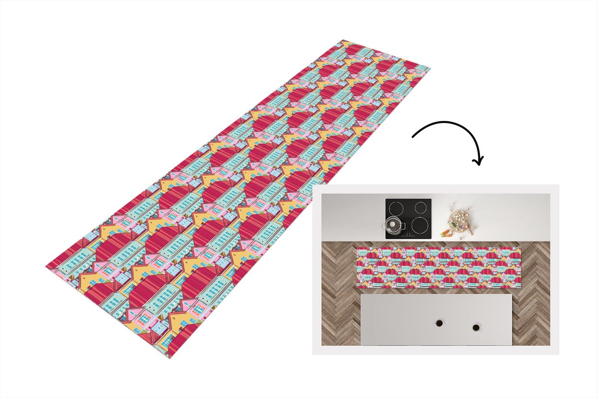 KitchenYeah Keukenloper - Loper keuken - Huizen - Zentangle - Patronen - 200x50 cm - Keukenloper vinyl Multicolor