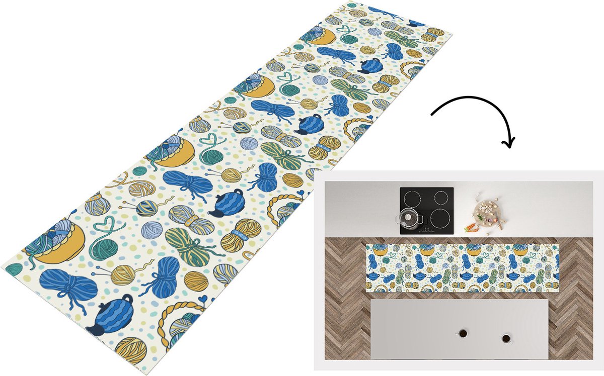 KitchenYeah Keukenloper - Loper keuken - Breien - Patronen - Wol - 200x50 cm - Keukenloper vinyl Multicolor
