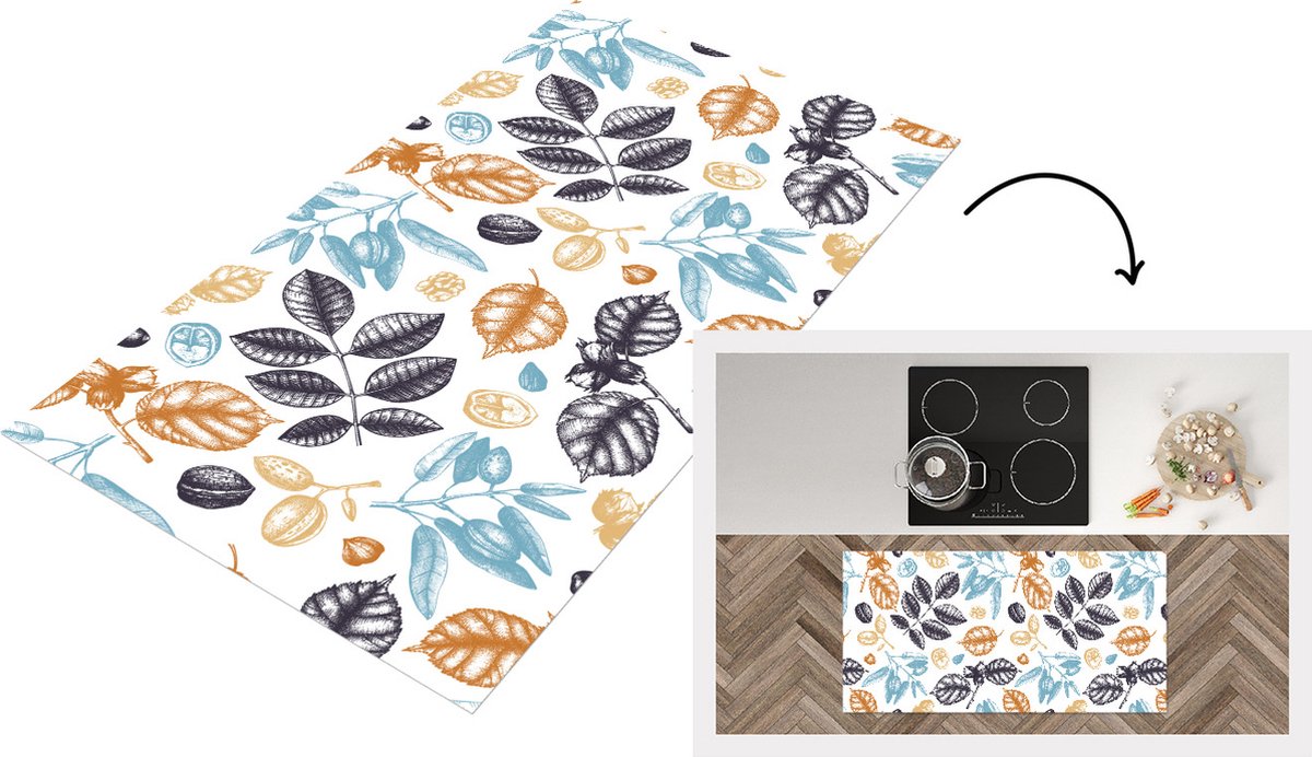 KitchenYeah Keukenloper - Loper keuken - Vintage - Bladeren - Noot - Patronen - 120x60 cm - Keukenloper vinyl Multicolor