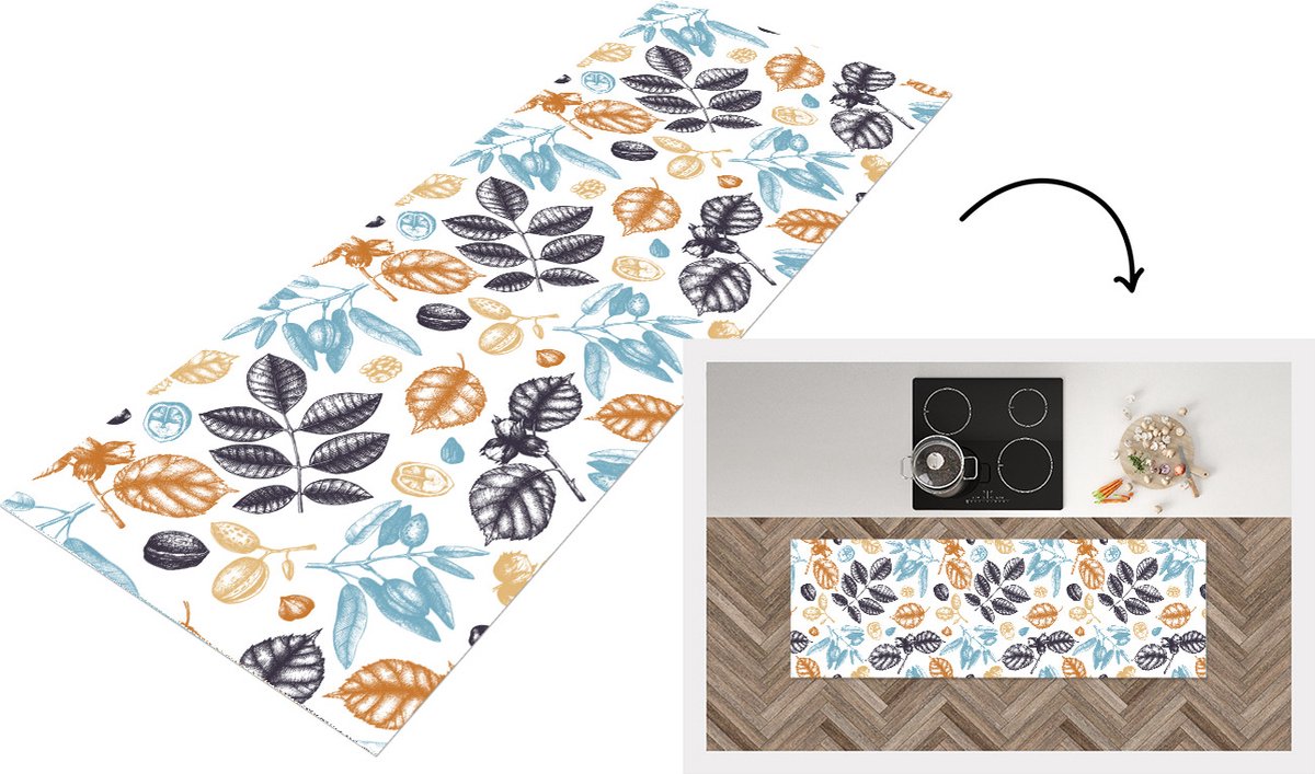 KitchenYeah Keukenloper - Loper keuken - Vintage - Bladeren - Noot - Patronen - 180x60 cm - Keukenloper vinyl Multicolor