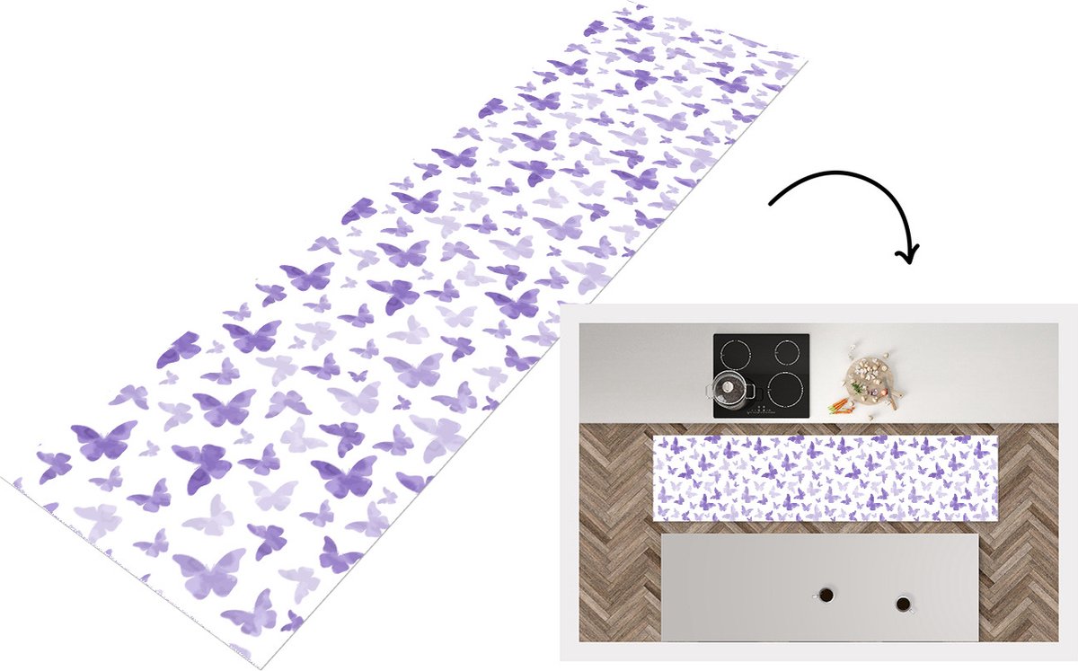 KitchenYeah Keukenloper - Loper keuken - Vlinder - Paars - Patronen - 240x60 cm - Keukenloper vinyl Multicolor