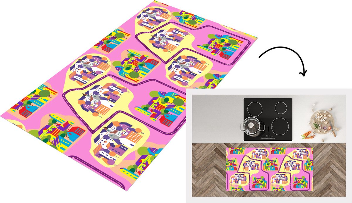 KitchenYeah Keukenloper - Loper keuken - Skyline - Patronen - Roze - 120x60 cm - Keukenloper vinyl Multicolor