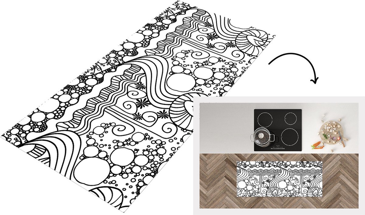 Keukenloper - Loper keuken - Patronen - Abstract - Line Art - Zwart Wit - 120x50 cm - Keuk