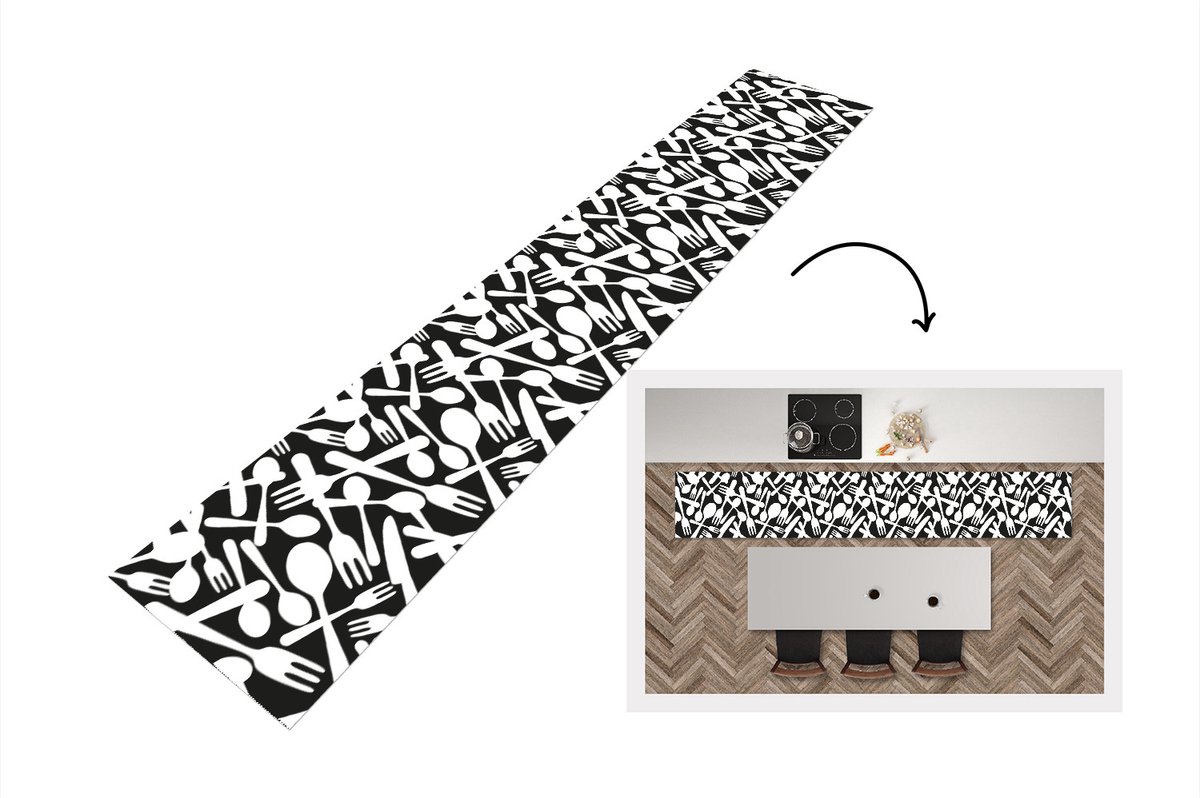 KitchenYeah Keukenloper - Loper keuken - Bestek - Patronen - Zwart Wit - 200x50 cm - Keukenloper vinyl, foto 4