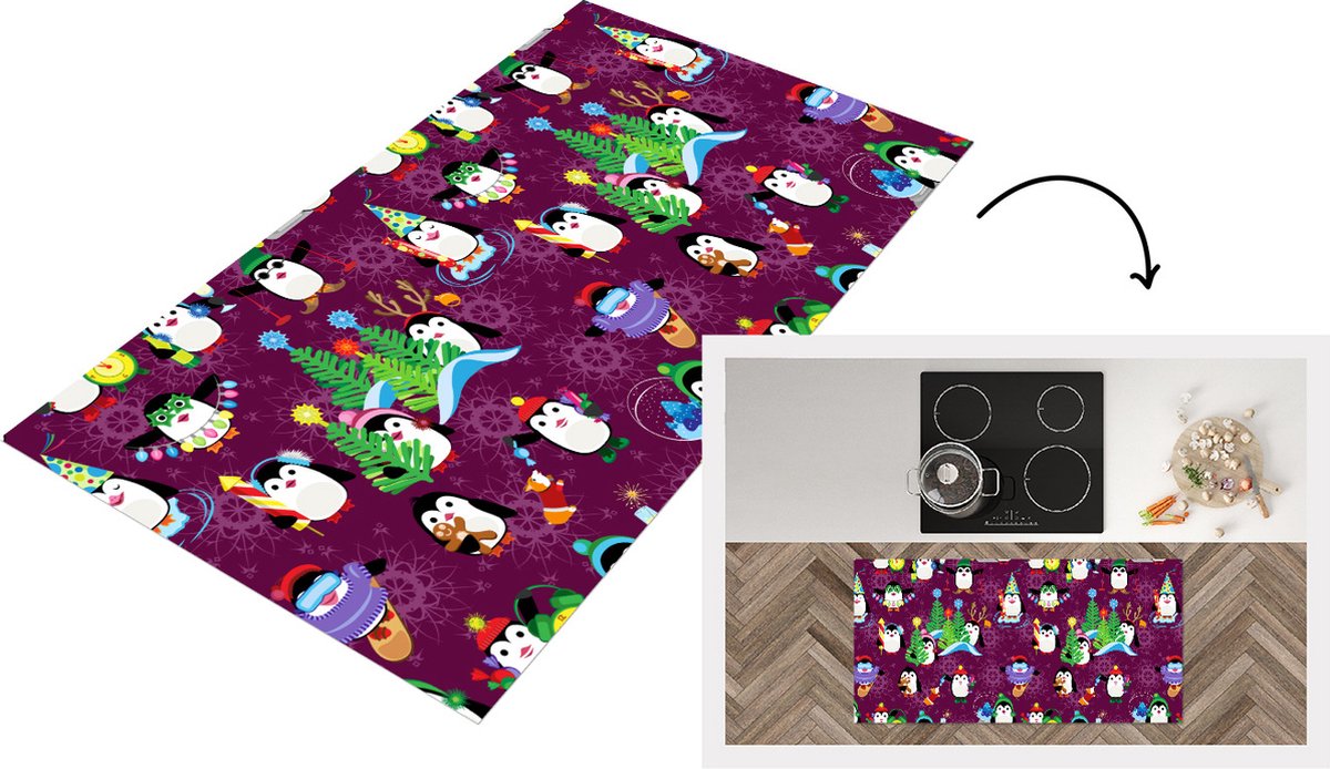 KitchenYeah Keukenloper - Loper keuken - Pinguïn - Kerstmis - Vuurwerk - Winter - Design - 120x60 cm - Keukenloper vinyl Multicolor