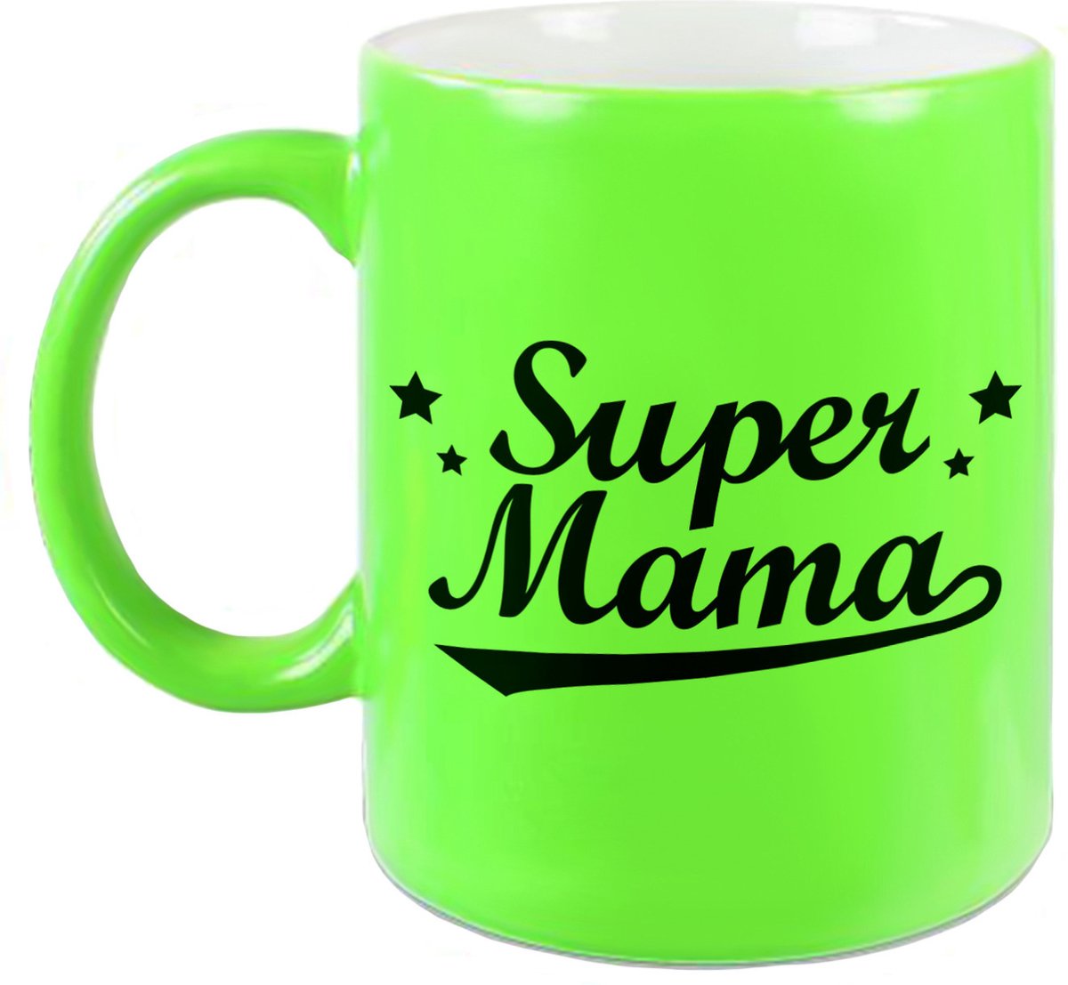 Super mama tekst cadeau mok / beker - neon groen - 330 ml - Moederdag / verjaardag