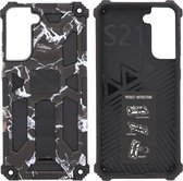 Samsung Galaxy S21 Hoesje - Rugged Extreme Backcover Marmer Camouflage met Kickstand - Zwart