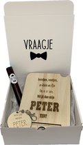 Geschenkbox Wil jij mijn PETER zijn? | blauw | gsm-houder | sigaar | sleutelhanger | peter vragen | meter worden | peetoom vragen | peetoom worden | cadeau | doosje met een vraag