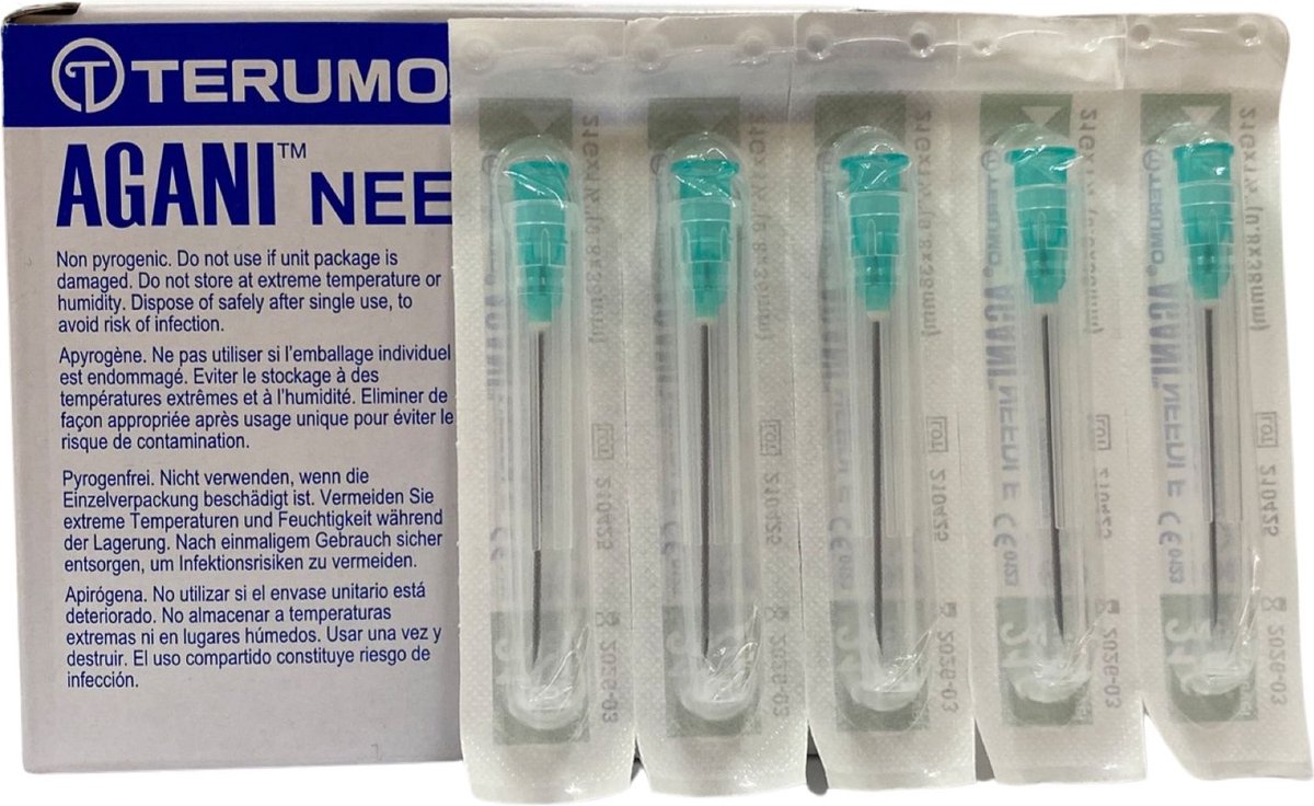 Terumo - Gelaat Steriele Naalden - 21g - 0.8 x 38 mm - Groen - Gerstkorrel - Milia - Comedonen - 100 Stuks