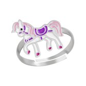 Ring meisjes kind | Ring kinderen | Zilveren ring, paard met roze manen en paars zadel