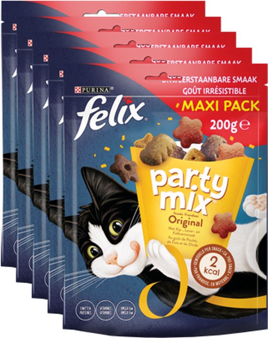 Felix Party Mix Original - Kattensnacks - Kip, Kalkoen & Lever - 5 x 200 g
