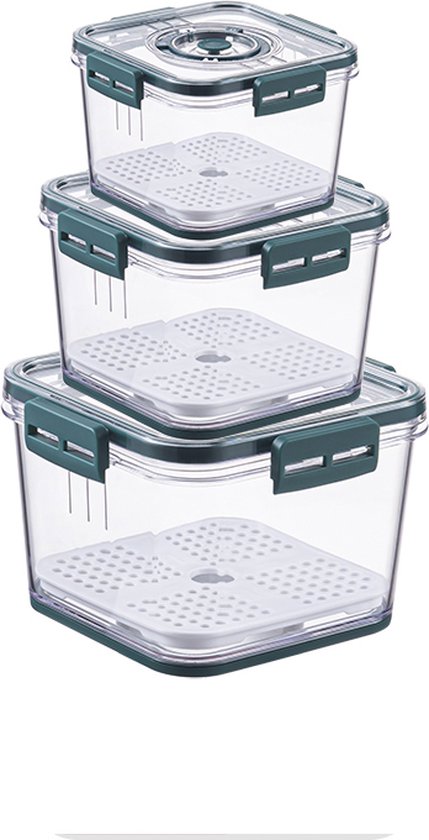 Boîtes de conservation de 3 conteneurs pour aliments frais - Accessoire sous vide - Boîtes de conservation avec minuterie - Organisateur de réfrigérateur avec minuterie - 3 tailles différentes - Blauw