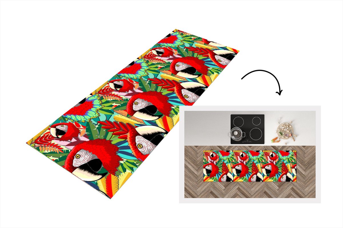 KitchenYeah Keukenloper - Loper keuken - Jungle - Papegaai - Vogels - Design - 180x60 cm - Keukenloper vinyl Multicolor