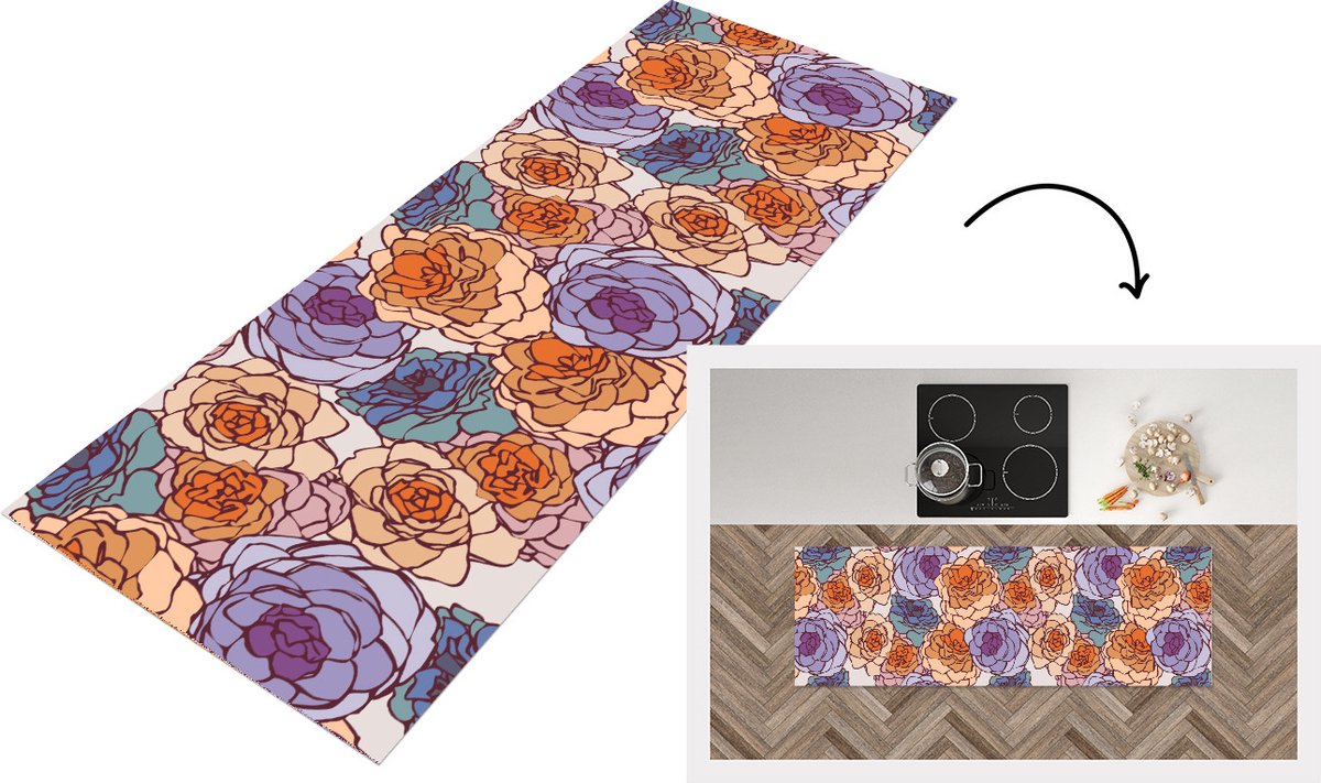 KitchenYeah Keukenloper - Loper keuken - Patroon - Bloem - Art Nouveau - 180x60 cm - Keukenloper vinyl Multicolor