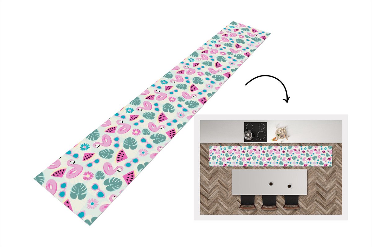 KitchenYeah Keukenloper - Loper keuken - Zomer - Patroon - Flamingo - Monstera - 300x50 cm - Keukenloper vinyl Multicolor